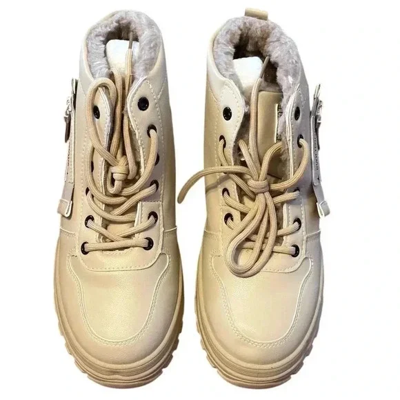 Women's Cream Combat Boots Ankle Zip Plush Lined Winter Casual - Picture 3 of 5